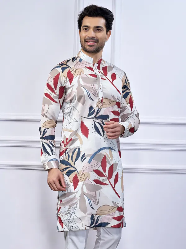 White printed cotton kurta suit for men traditional wear