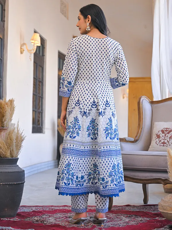 White printed cotton kurti set for festive