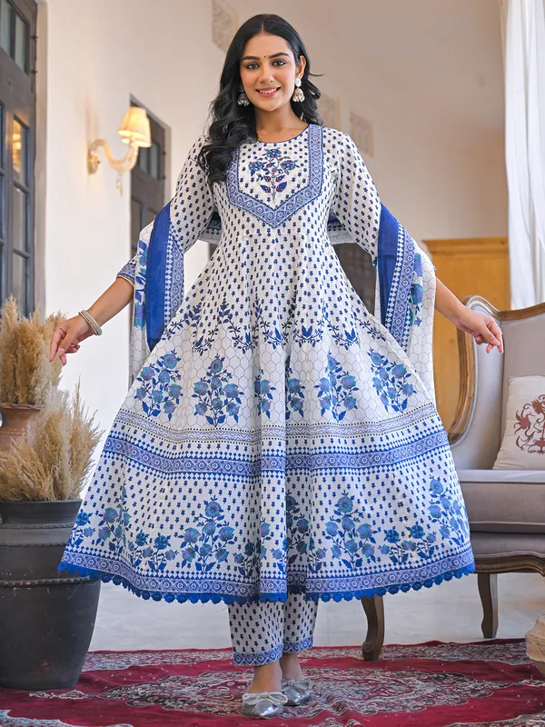 White printed cotton kurti set for festive