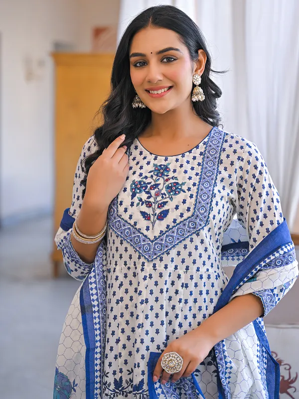 White printed cotton kurti set for festive