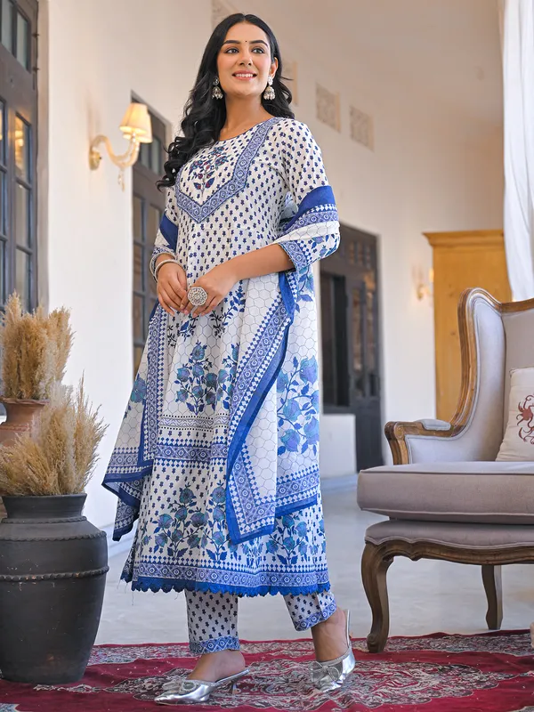 White printed cotton kurti set for festive
