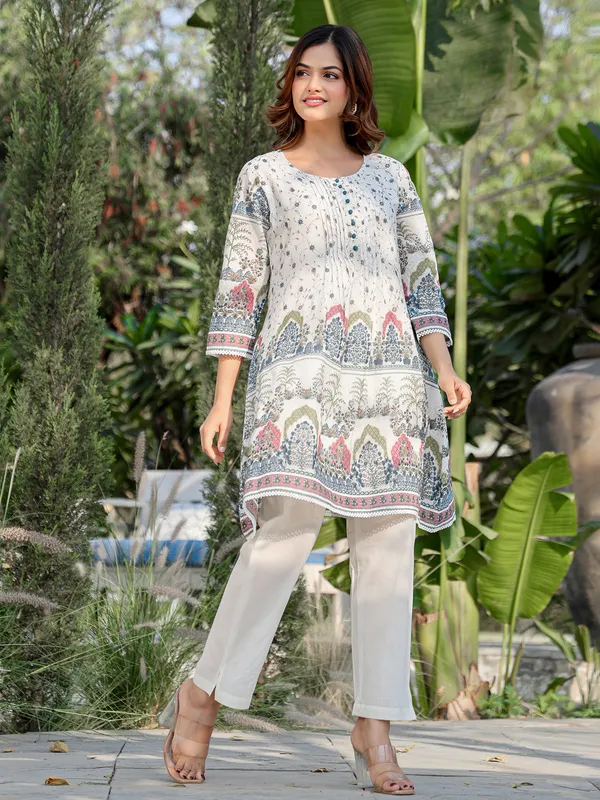 White printed cotton kurti set for women