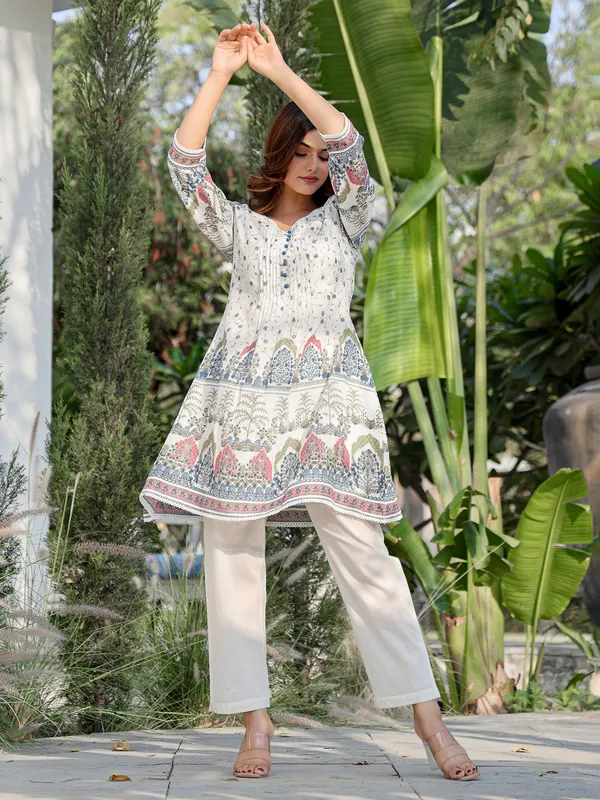 White printed cotton kurti set for women