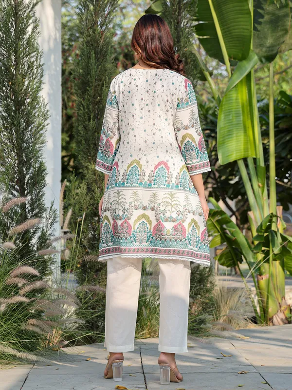 White printed cotton kurti set for women