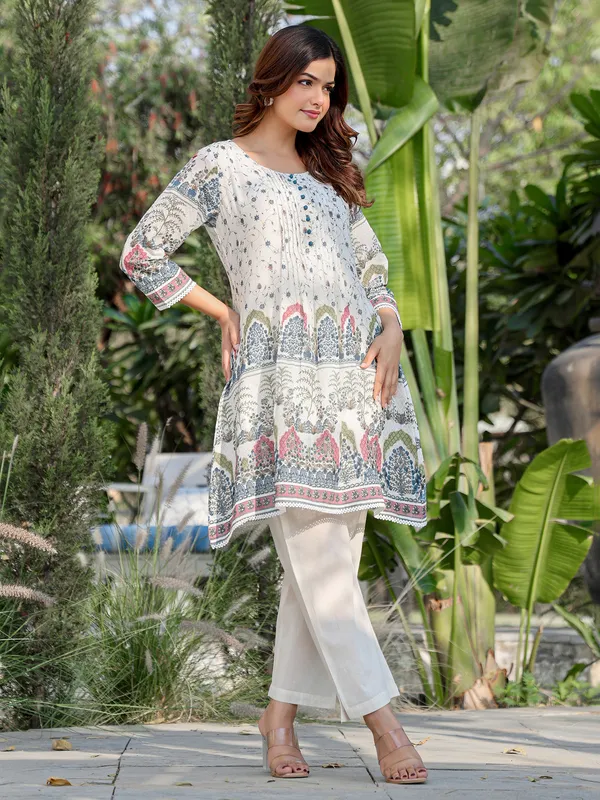 White printed cotton kurti set for women