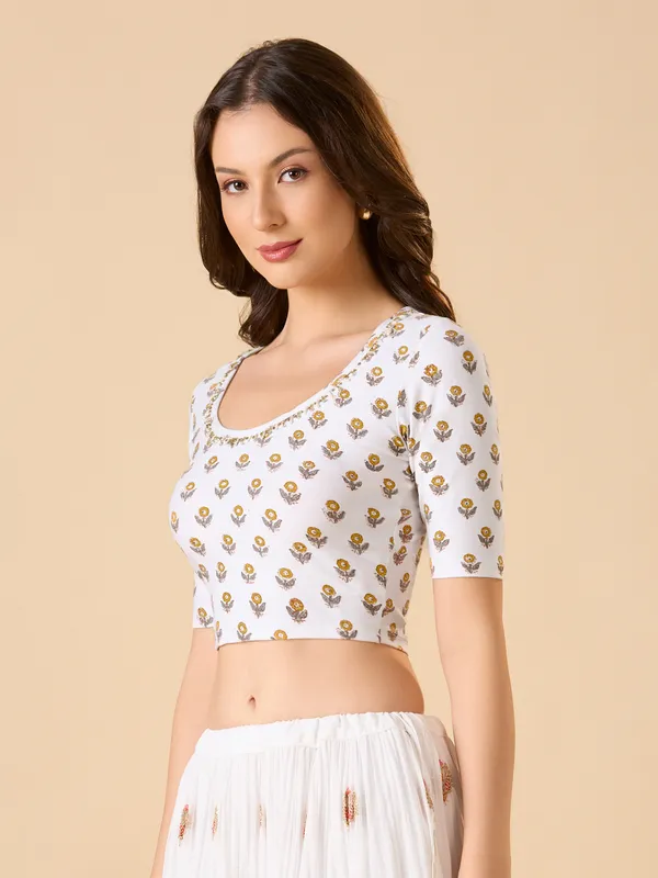White printed cotton lycra ready made blouse