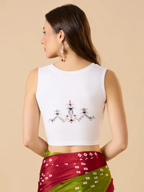 White printed cotton lycra sleeveless ready made blouse