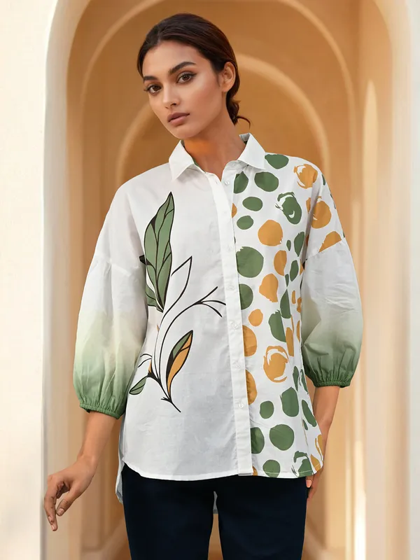 White printed cotton shirt for women