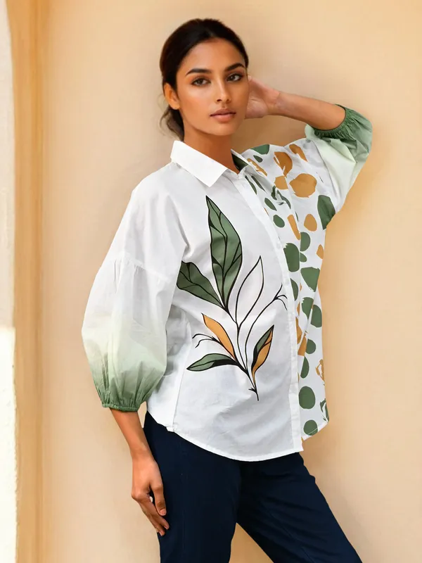 White printed cotton shirt for women