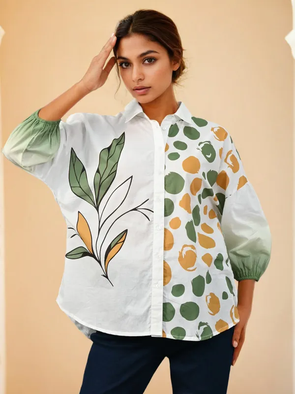 White printed cotton shirt for women