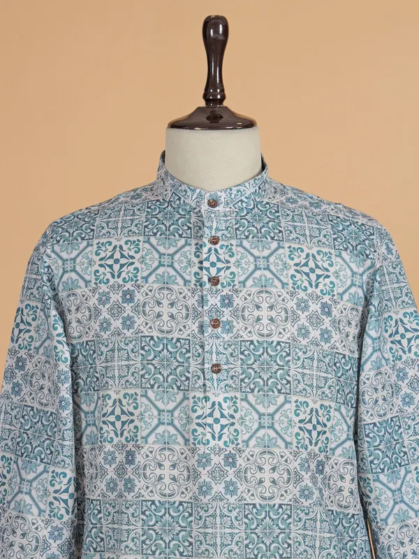 White printed cotton silk kurta suit for festive