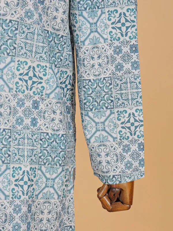 White printed cotton silk kurta suit for festive