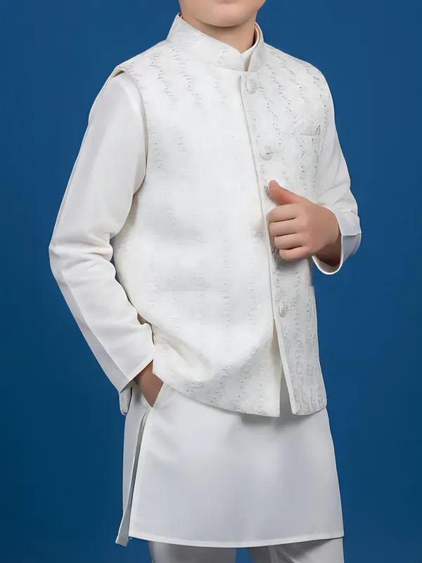 White printed cotton silk waistcoat churidar set