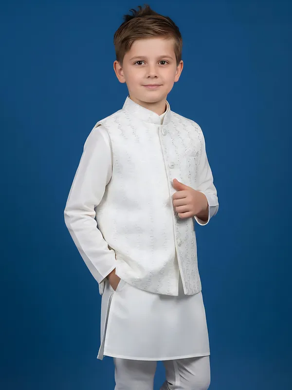 White printed cotton silk waistcoat churidar set