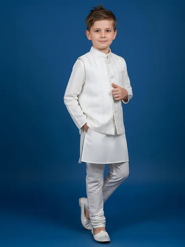 White printed cotton silk waistcoat churidar set