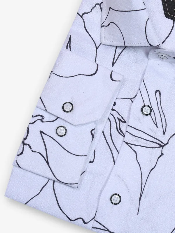 White printed cotton slim fit party shirt