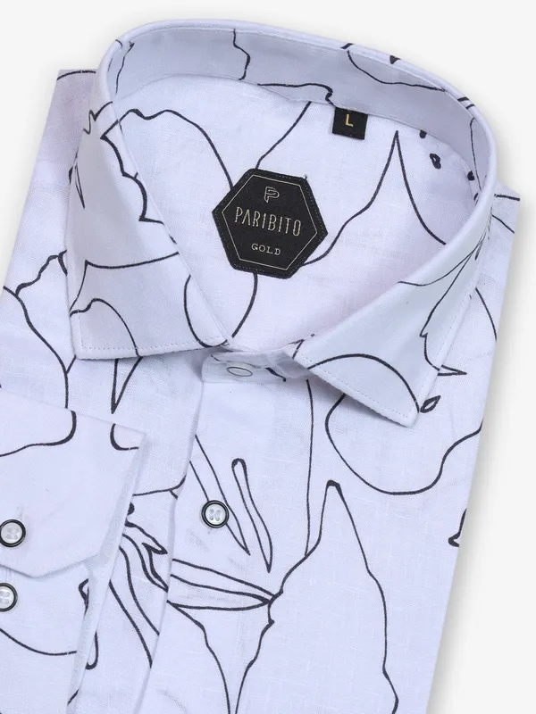 White printed cotton slim fit party shirt