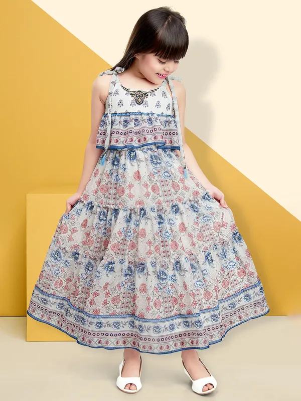White printed georgette casual wear long frock