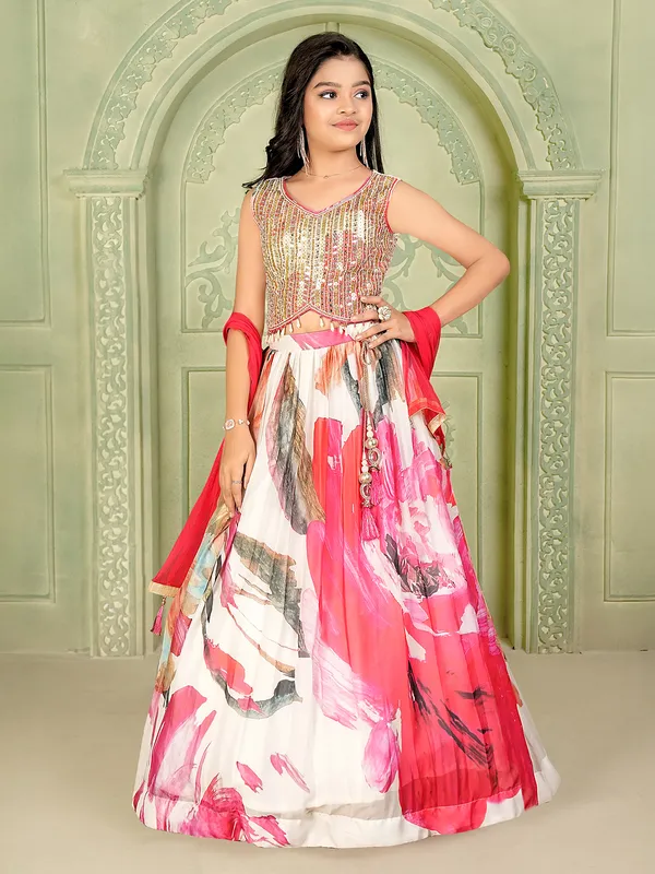 White printed georgette lehenga choli with dupatta
