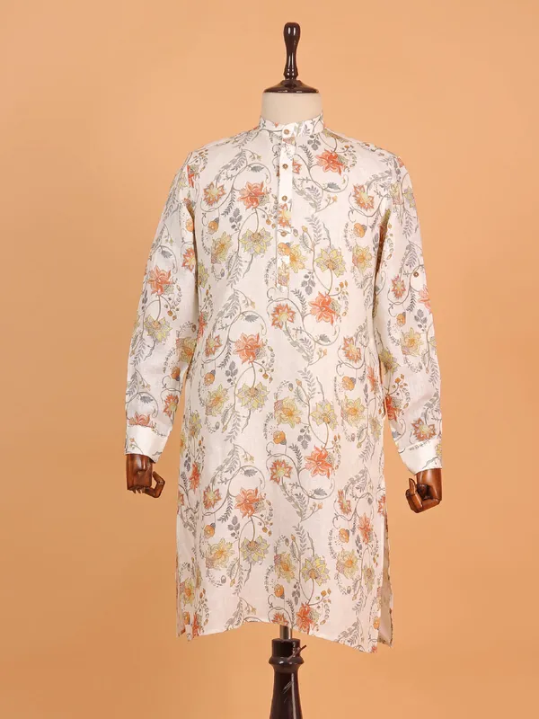 White printed kurta in cotton for men
