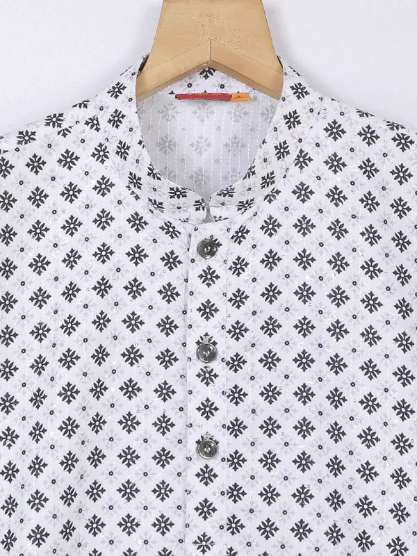 White printed kurta suit in silk