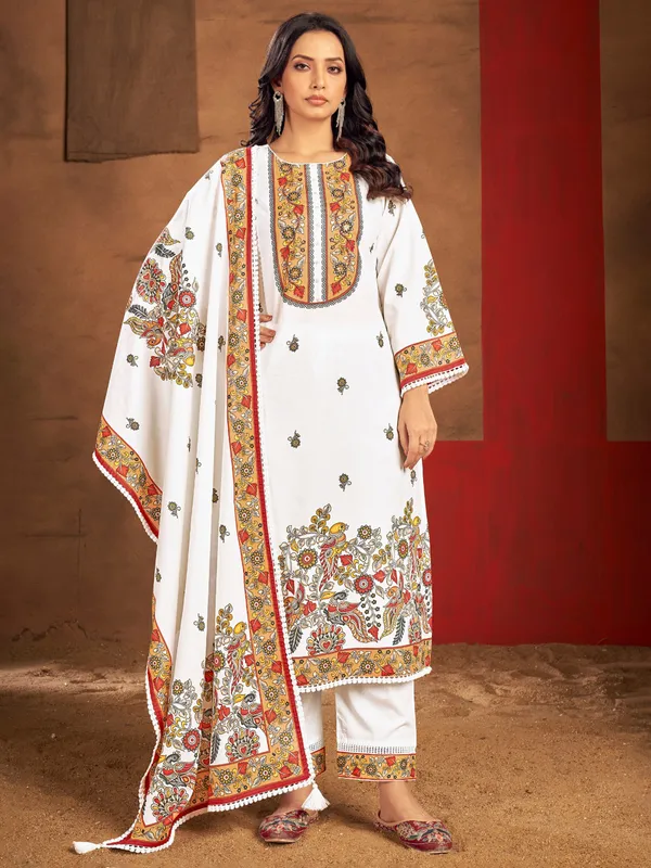 White printed kurti set in cotton silk