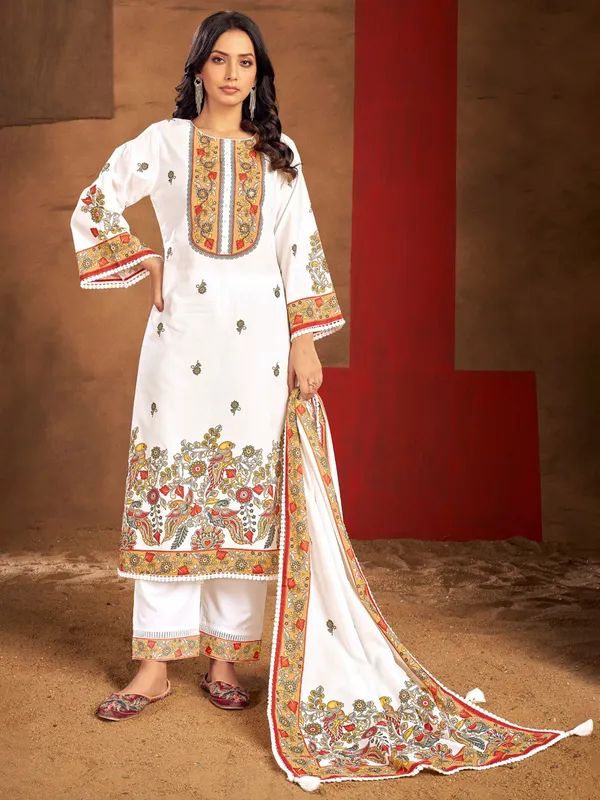 White printed kurti set in cotton silk