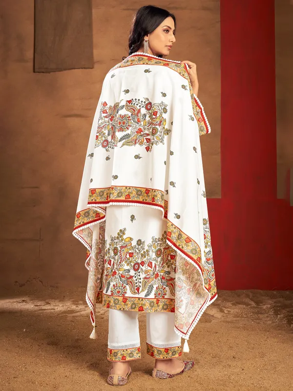 White printed kurti set in cotton silk