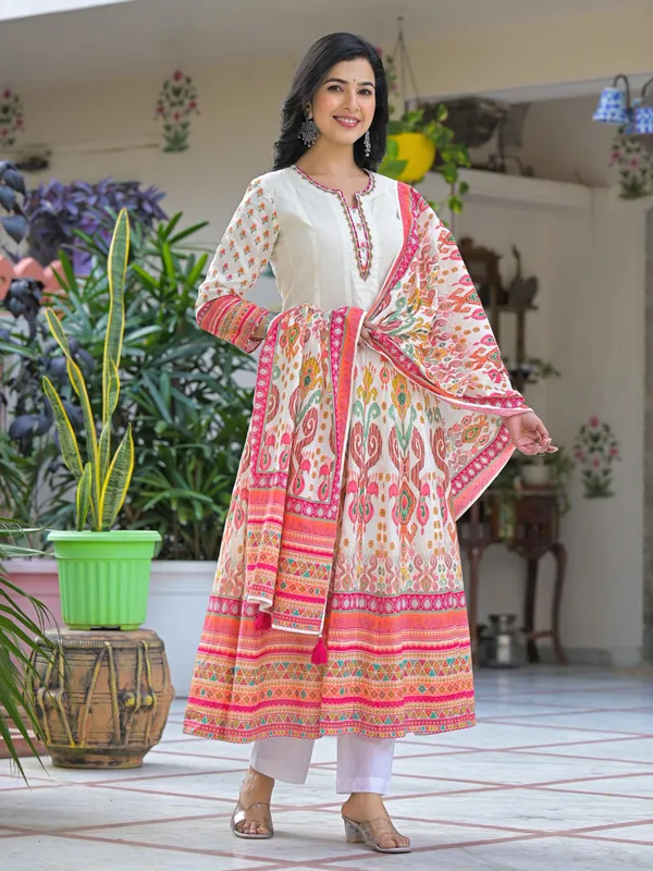 White printed kurti set with graceful dupatta styling
