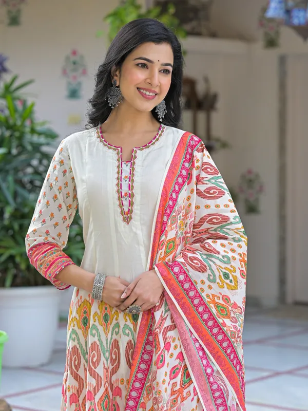 White printed kurti set with graceful dupatta styling