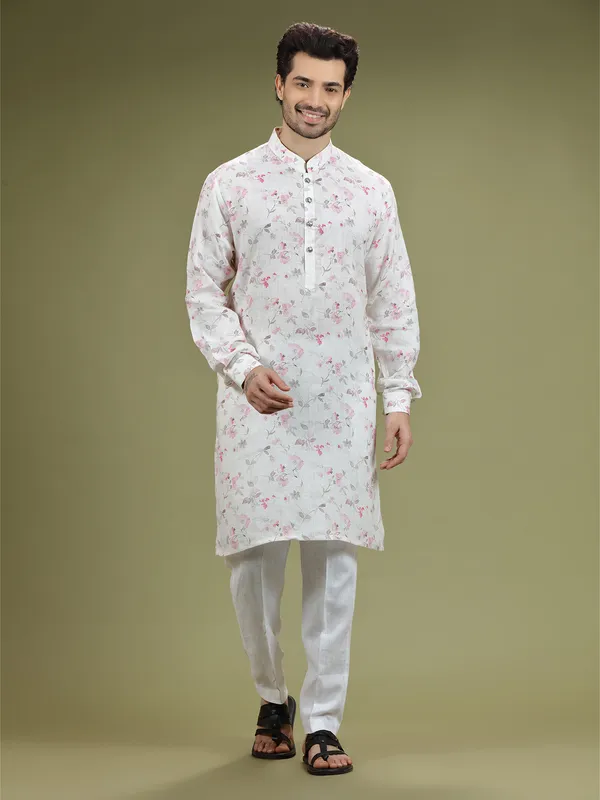 White printed linen festive  Men Kurta pajama