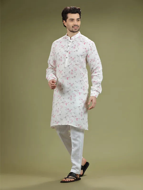 White printed linen festive kurta suit