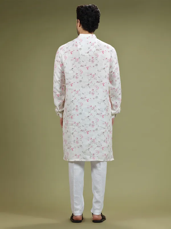 White printed linen festive  Men Kurta pajama