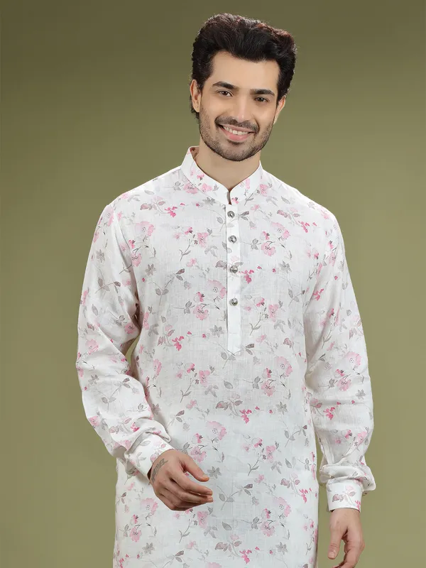 White printed linen festive kurta suit