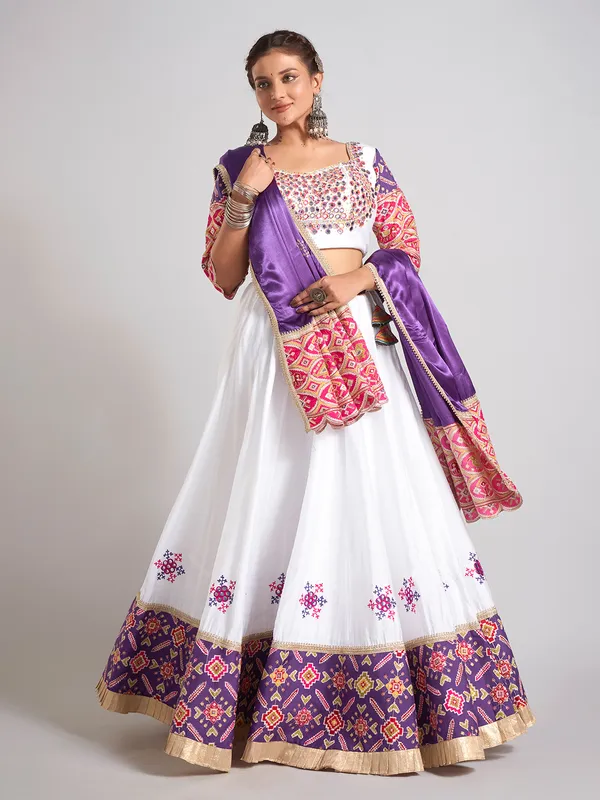 White printed silk chaniya choli for navratri