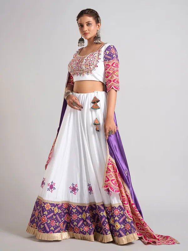 White printed silk chaniya choli for navratri