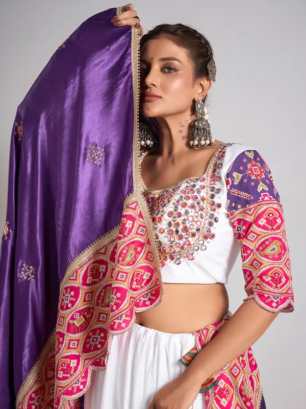 White printed silk chaniya choli for navratri