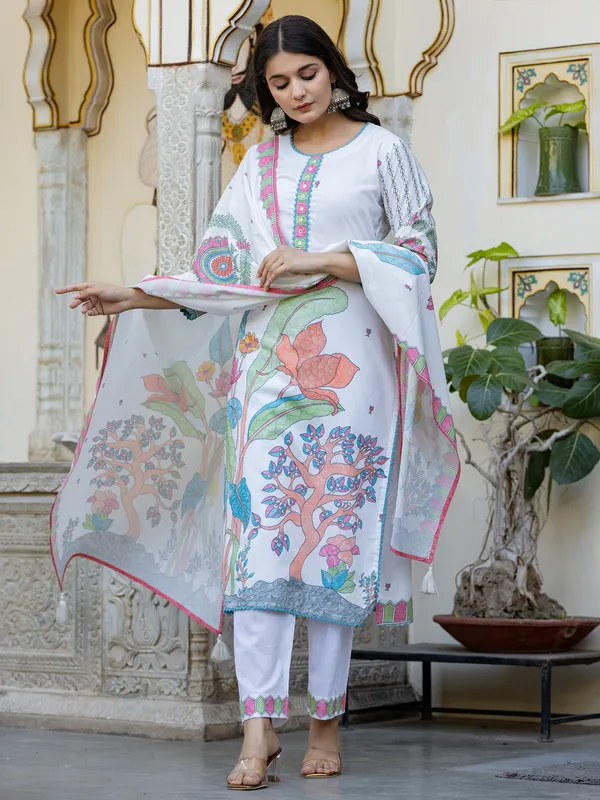 White printed silk kurti set for festival