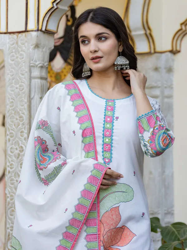 White printed silk kurti set for festival