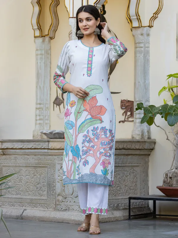 White printed silk kurti set for festival