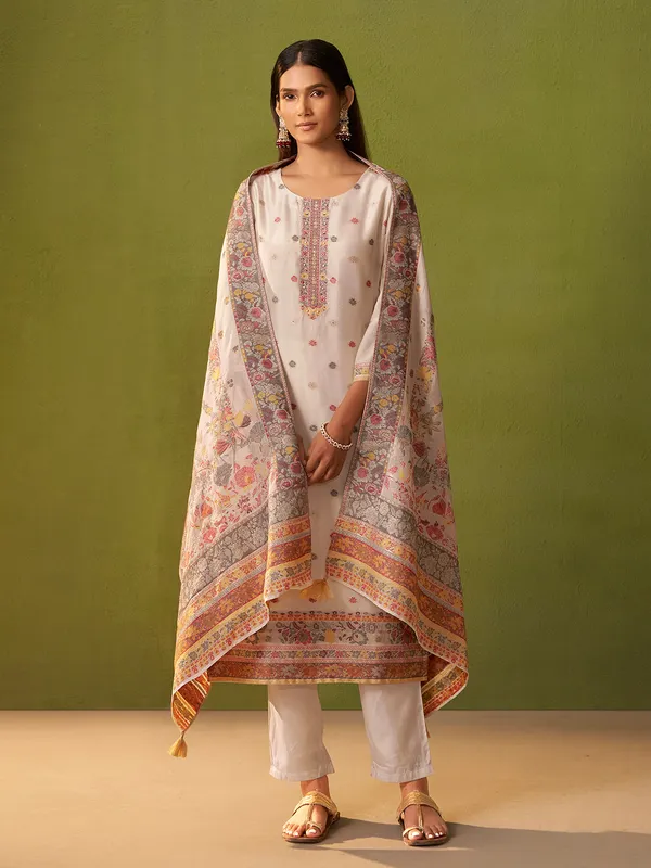 White printed silk kurti set for women