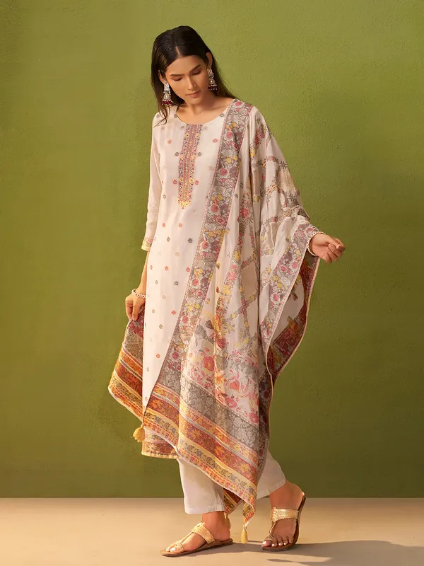 White printed silk kurti set for women