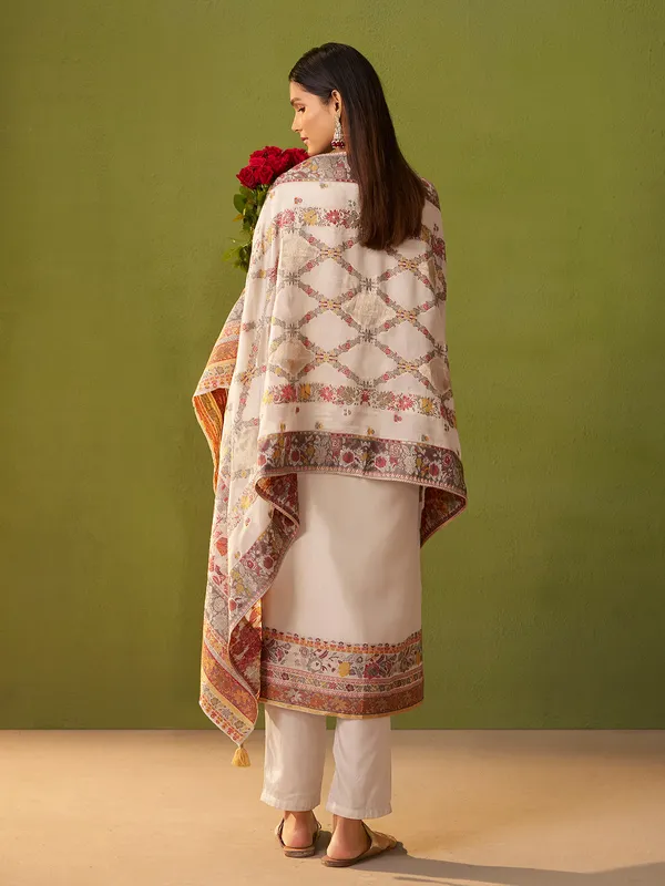 White printed silk kurti set for women