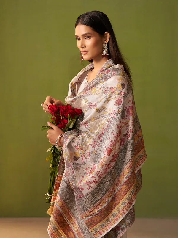 White printed silk kurti set for women