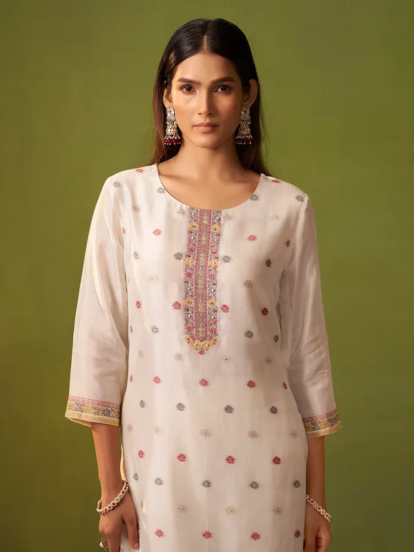 White printed silk kurti set for women