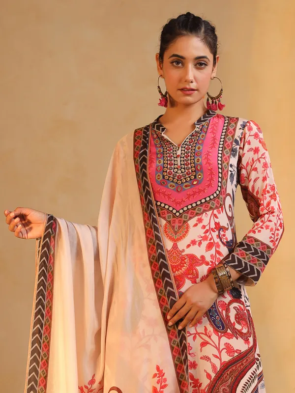 White printed silk salwar suit with mirror work