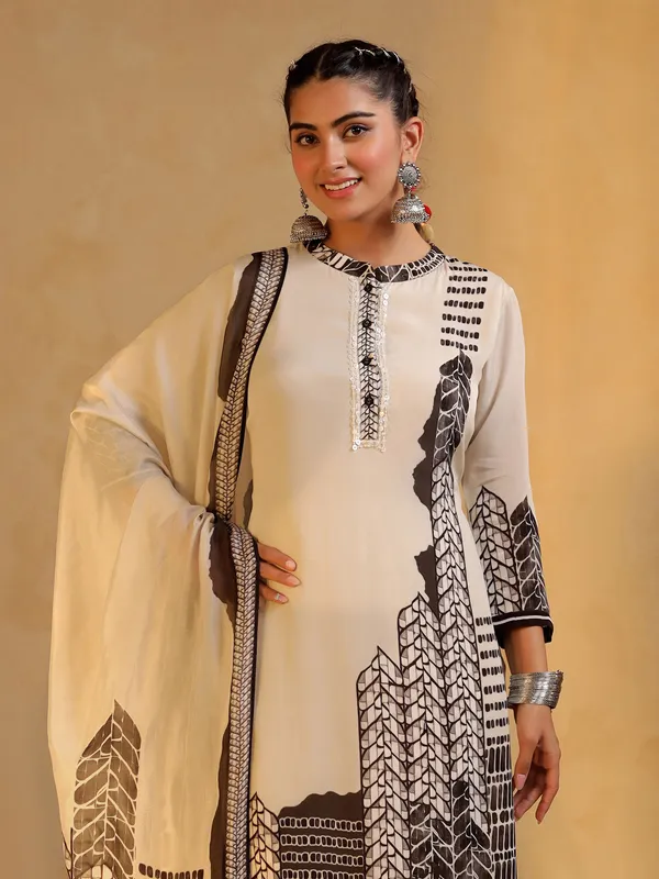 White printed silk salwar suit with sequins work