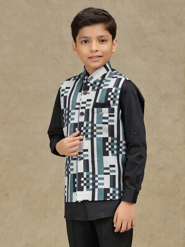White printed terry rayon waistcoat for boys