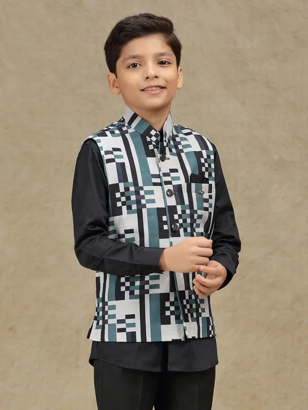 White printed terry rayon waistcoat for boys