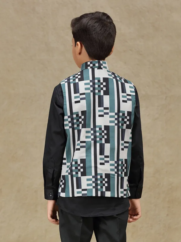 White printed terry rayon waistcoat for boys